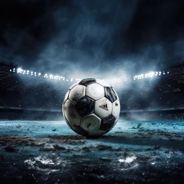 Soccer ball on dark stadium background on grasses