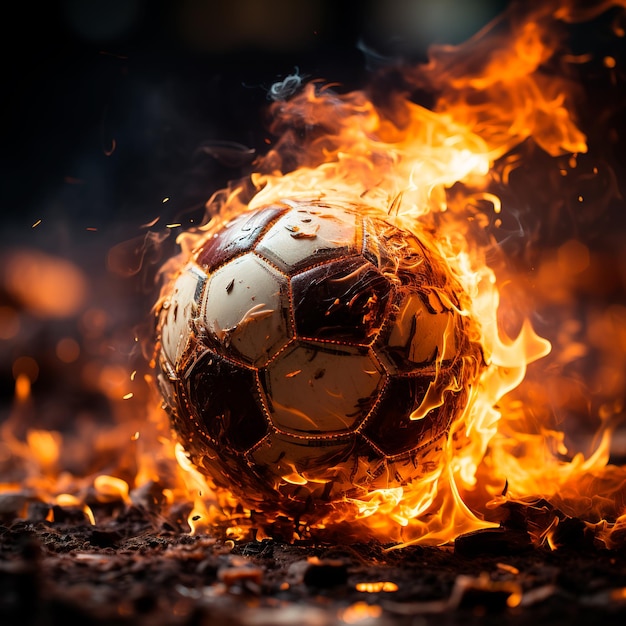 Photo a soccer ball falling in flames on a soccer field