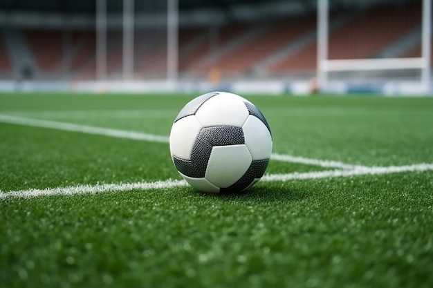 A soccer ball on a field in front of a stadium