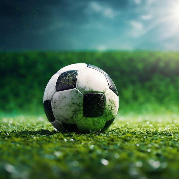 a soccer ball on a field of grass with the sun shining behind it.