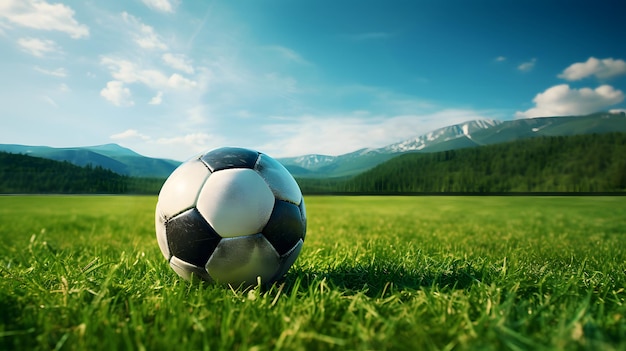 A soccer ball on a field among the hills