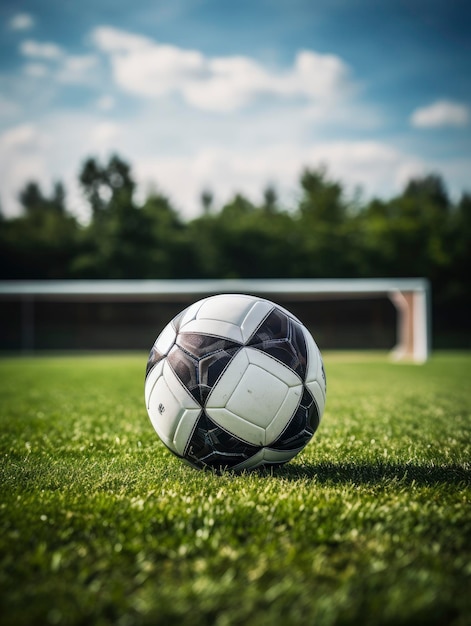 Foto una palla da calcio su un campo vicino ai cancelli