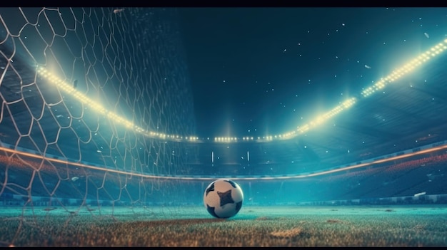 背景にライトが付いたフィールド上のサッカー ボール