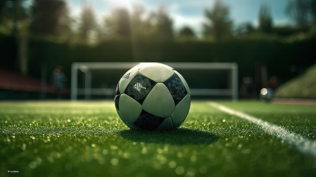 A soccer ball on a field with the logo of the uefa champions league.