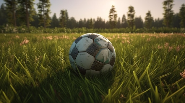 A soccer ball in a field with the sun shining generative ai