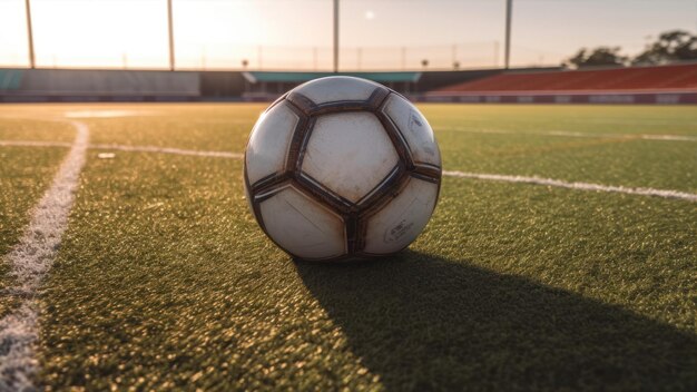 A soccer ball on a field with the sun shining on it.