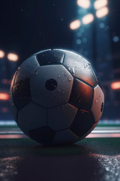 Photo a soccer ball on a field with water droplets on the ground.