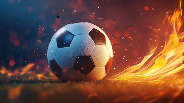 Photo a soccer ball on fire the flames are licking the ball and the grass around it the background is dark with a few embers flying through the air