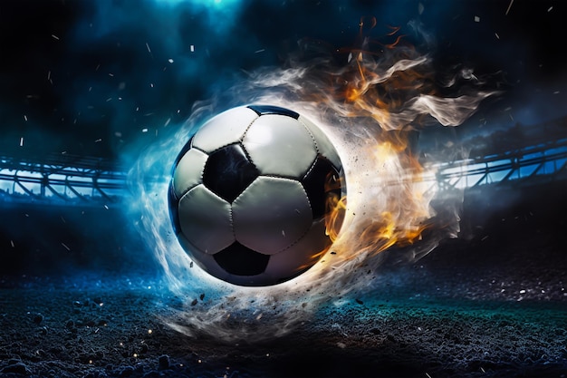 Soccer ball in fire flames on the background of the stadium