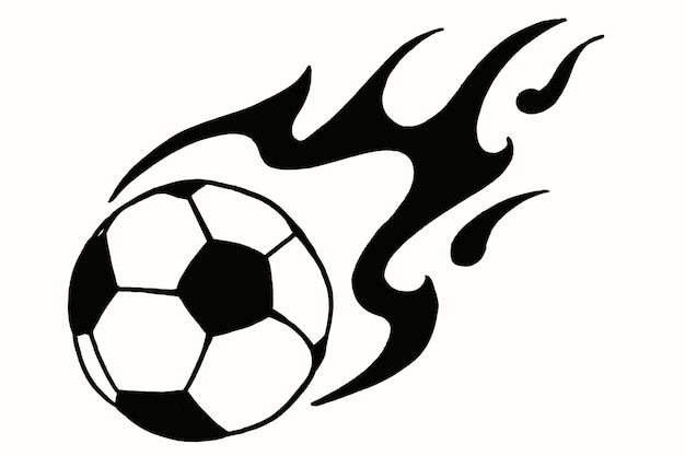 Foto pallone da calcio nel fuoco illustrazione semplice disegnata a mano modello di palla nera con fiamma su bianco isolato coppa del mondo di calcio schizzo o disegno in stile scarabocchi illustrazione icona sport per torneo