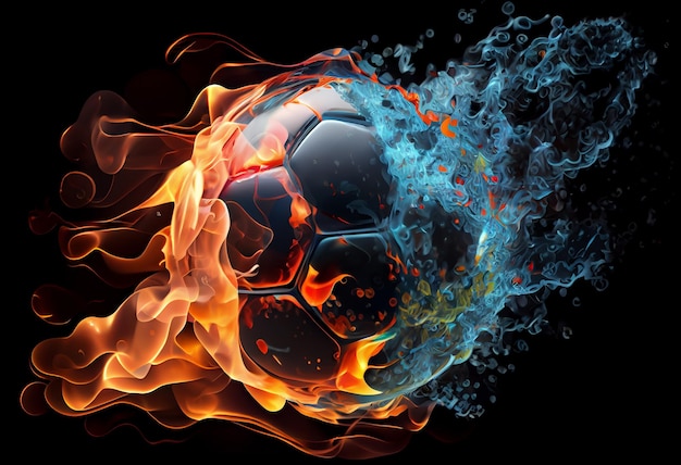 Футбольный мяч в огне и воде Иллюстрация футбольного мяча Generate Ai