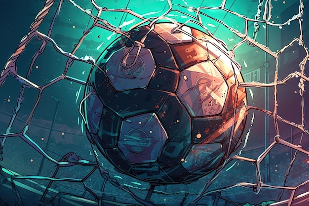 Soccer ball flew into the goal Soccer ball bends the net against the background of flashes of light scoring a soccer goal illustration generative ai