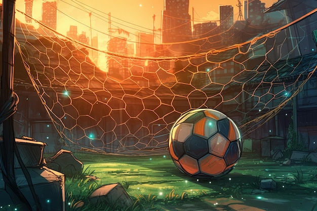 Soccer ball flew into the goal Soccer ball bends the net against the background of flashes of light scoring a soccer goal illustration generative ai