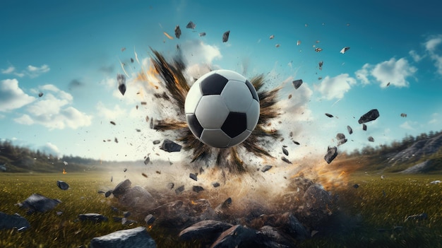 空を背景にサッカー ボールが空を飛ぶ