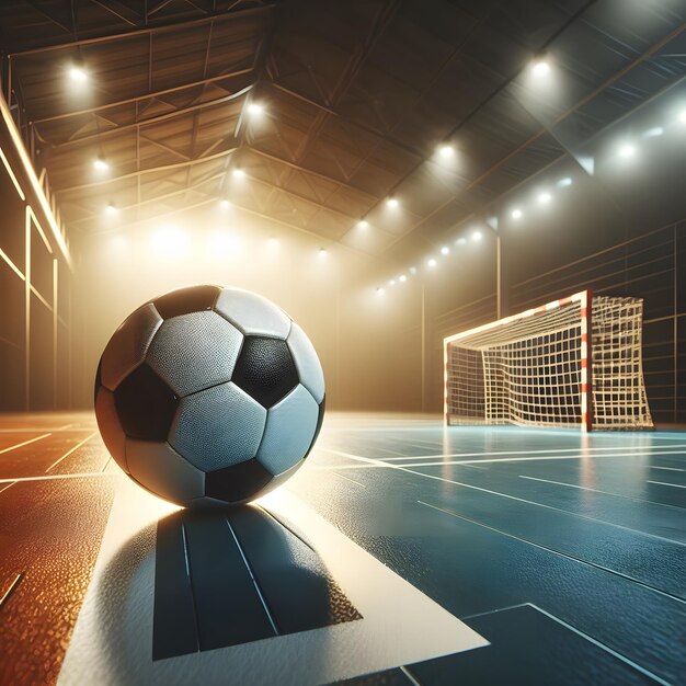 Футбольный мяч на полу стадиона 3D-рендеринг генеративный с помощью ИИ