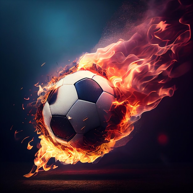 Foto un pallone da calcio che vola veloce con fiamme e fuoco in uno stadio di calcio generativo ai