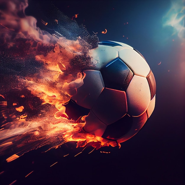 A soccer ball flying fast with flames and fire in a soccer stadiumgenerative ai