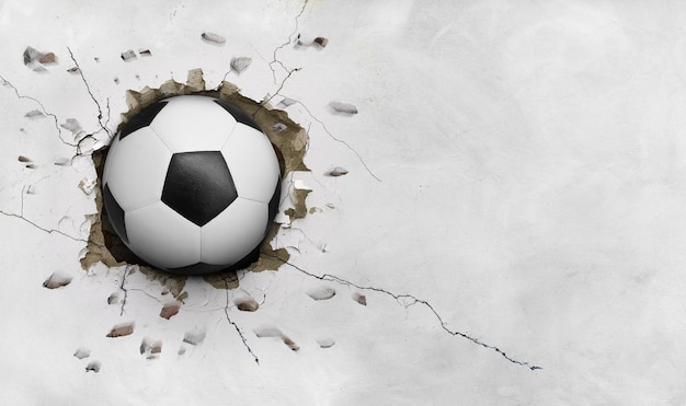 Photo soccer ball flying through the wall with cracks