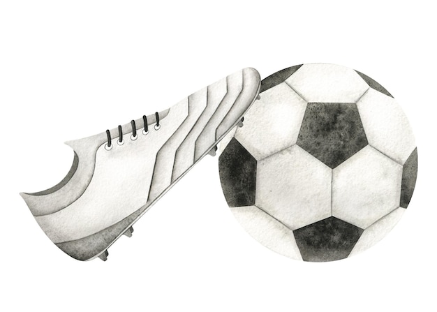 Photo soccer ball football ball and boots sports shoes watercolor hand drawn illustration sports equipment