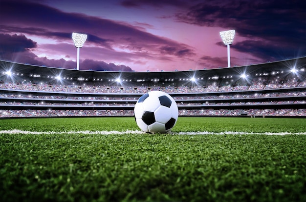 Soccer ball on the football field in stadium at night