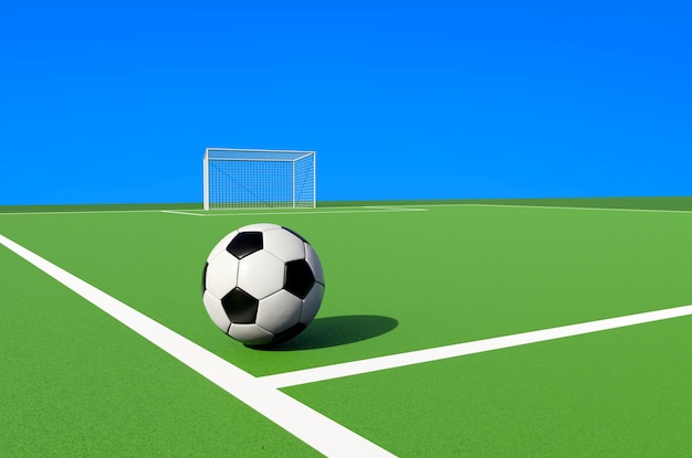 Foto palla da calcio calcio sulla linea del campo da calcio stile grafico colorato rendering 3d