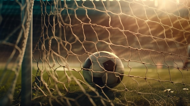 Soccer ball in the goal net Selective focus Tonedgenerative ai