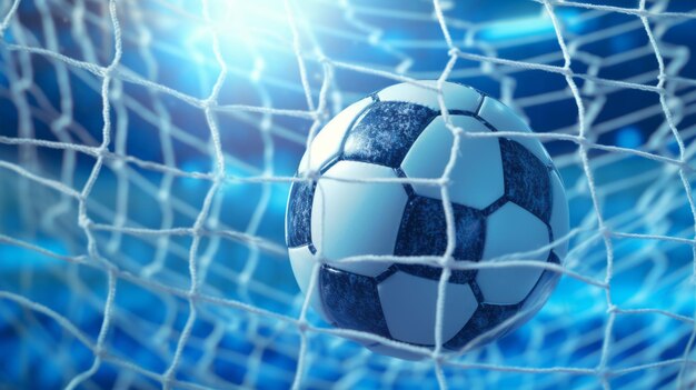 Soccer ball in goal net with soft blue background