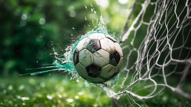 Soccer ball in goal with green background Generative AI