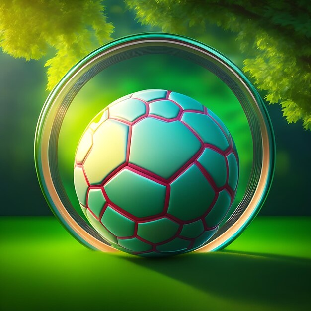 Soccer ball in goal with green background