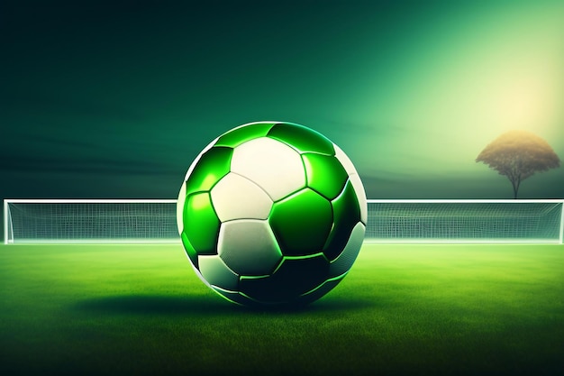 Soccer ball in goal with green background