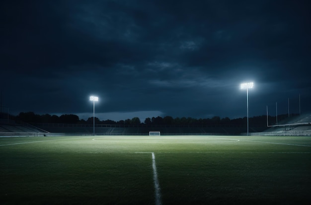 Foto palla da calcio sull'erba su un campo di notte