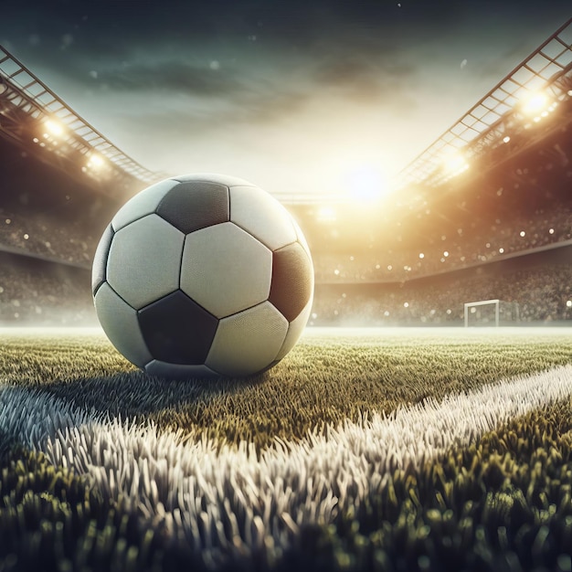 Футбольный мяч на травном поле на стадионе на фоне светящихся прожекторов