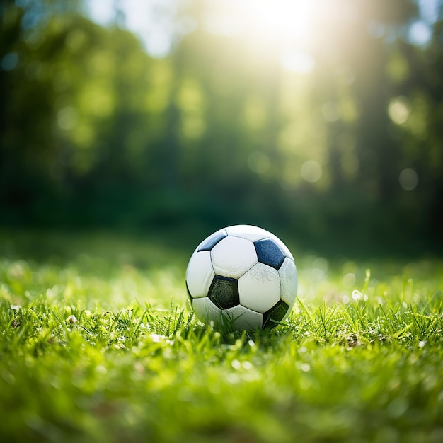 太陽の下で芝生の上のサッカー ボール