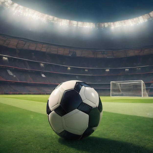 Футбольный мяч на траве на фоне стадиона