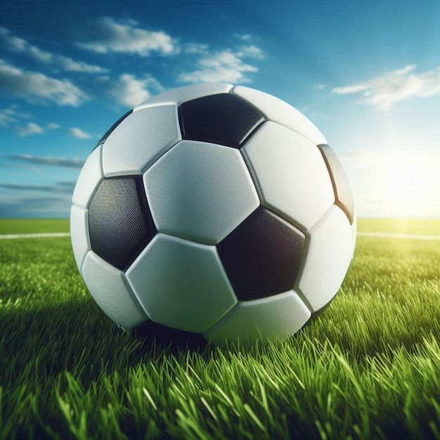 Photo a soccer ball on the grass with the sun behind it