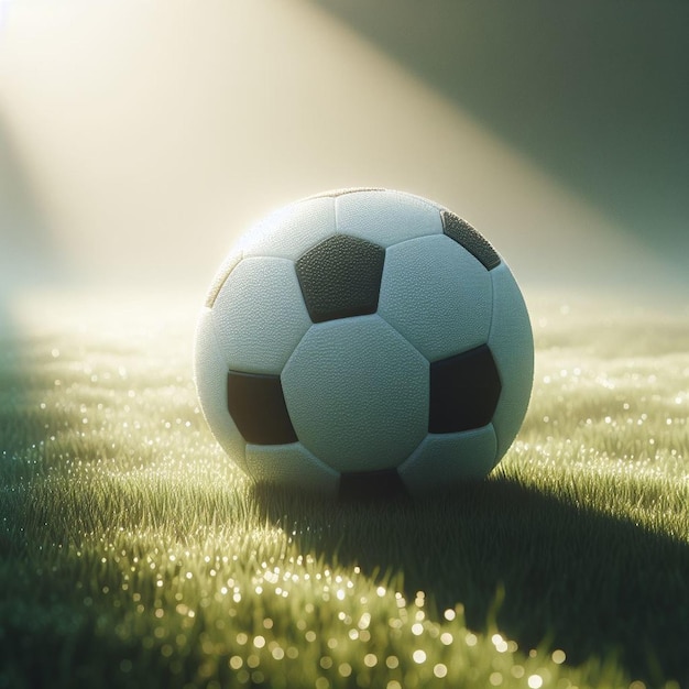a soccer ball on the grass with the sun behind it