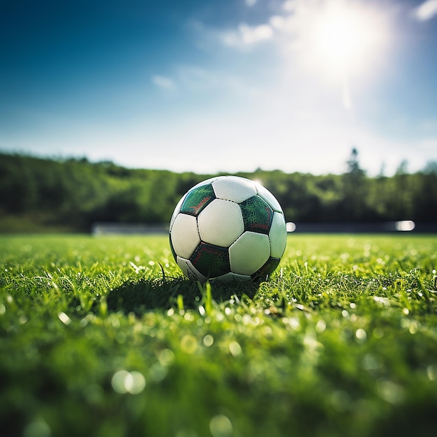 a soccer ball on the grass with the sun behind it.