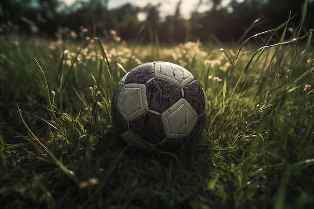 A soccer ball in the grass with the word soccer on it