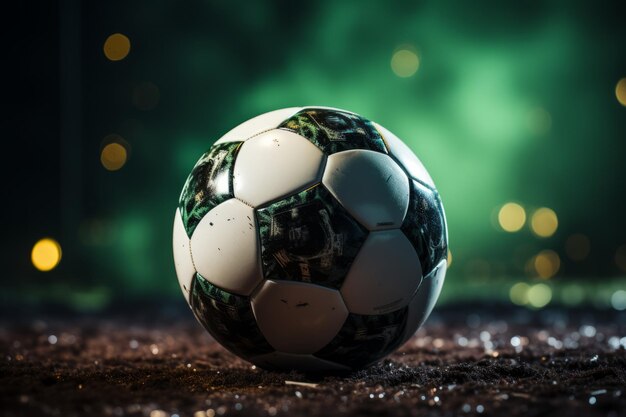 Photo soccer ball on a green field stadium lights sports high quality photo