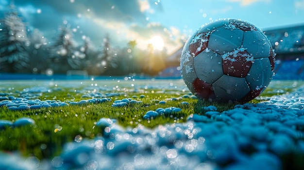 Soccer ball on the green field of stadium with lights and flashes