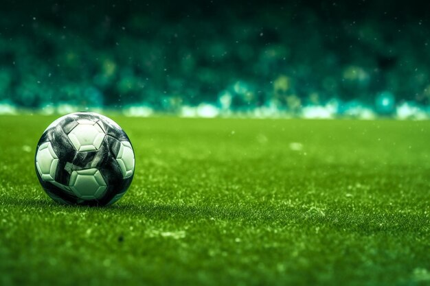 A soccer ball on a green field with the rain drops on the background