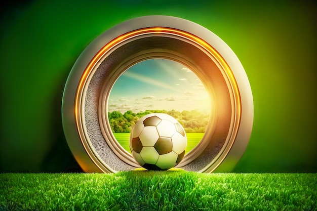 A soccer ball on the green grass against the background of a sunset landscape