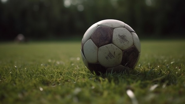 Soccer ball on the green grass Closeup of the ball in position for a penalty shot