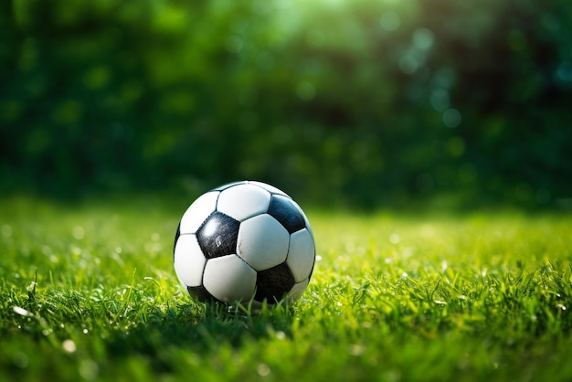 Soccer ball on green grass field with bokeh background