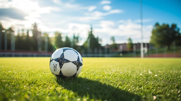 Soccer ball on the green grass of football field