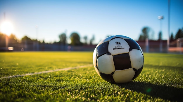 Soccer ball on the green grass of football field