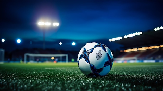 Soccer ball on green grass of football stadium at night with lights