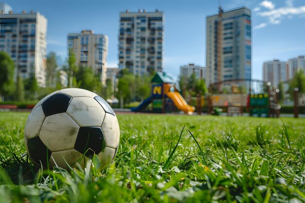 Soccer ball on green grass with playground in the background Focus on ball