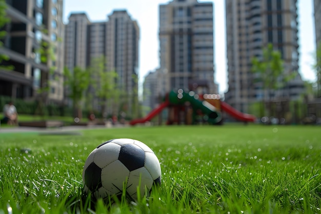 Photo soccer ball on green grass with playground in the background focus on ball