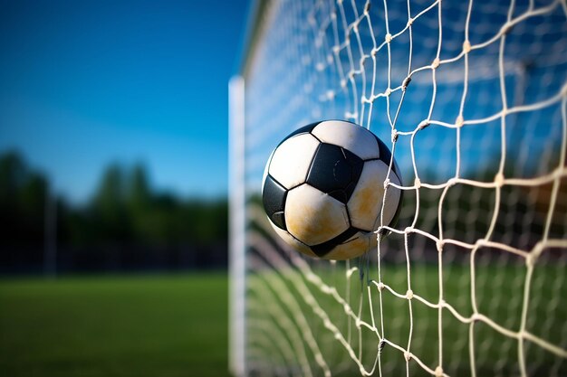 Soccer ball hitting the net after a successful goal